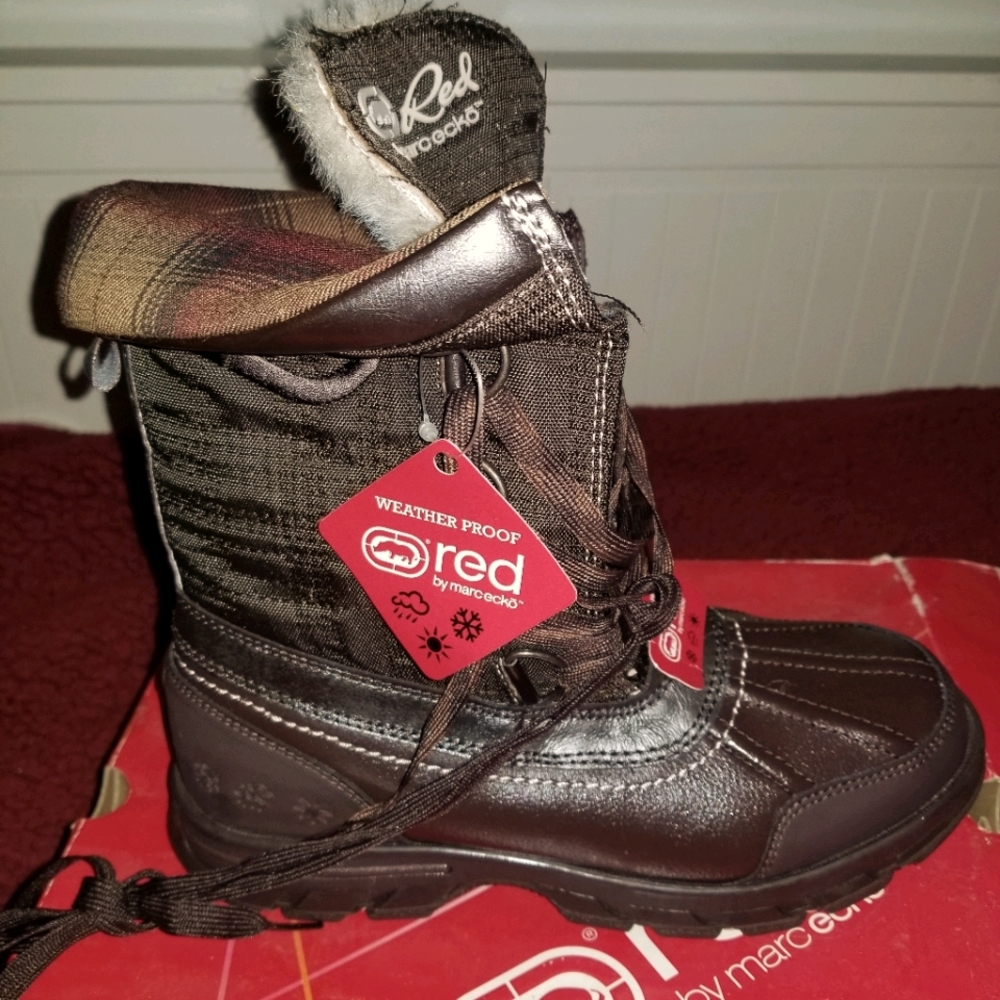 Womens Marc Ecko Red Waterproof Sherpa Plaid Boots
